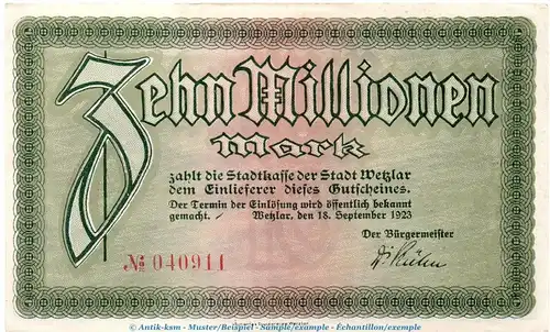 Notgeld Stadt Wetzlar , 10 Millionen Mark in kfr. Keller 5594 von 1923 , Rheinland Inflation