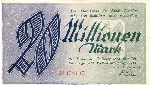Notgeld Stadt Wetzlar , 20 Millionen Mark in kfr. Keller 5594 von 1923 , Rheinland Inflation