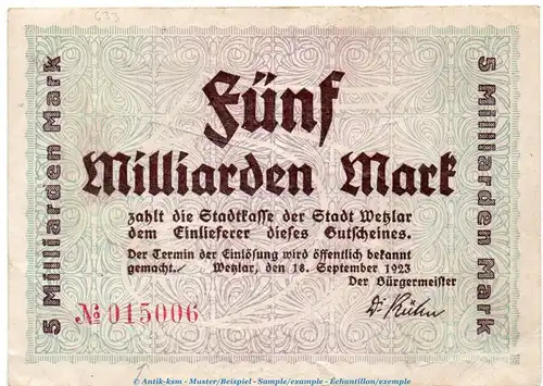 Notgeld Stadt Wetzlar , 5 Milliarden Mark in gbr. Keller 5594.e von 1923 , Rheinland Inflation
