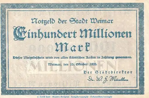 Notgeld Stadt Weimar , 100 Millionen Mark Schein in gbr. , Keller 5507.d von 1923 , Thüringen Inflation