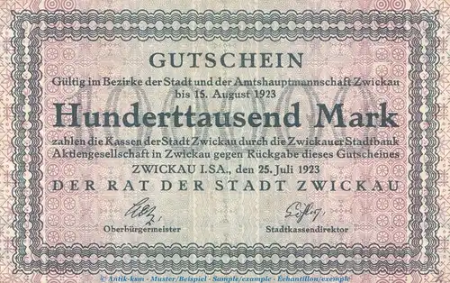 Notgeld Stadt Zwickau , 100.000 Mark Schein in gbr. Keller 5833.a von 1923 , Sachsen Inflation