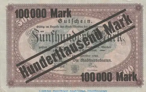 Notgeld Stadt Werdau , 100.000 Mark Überdruck in gbr. Keller 5544.a von 1923 , Sachsen Inflation