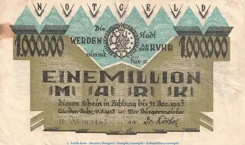 Notgeld Stadt Werden , 1 Million Mark Schein in gbr. nicht in Keller , von 1923 , Rheinland Inflation