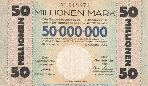 Notgeld Stadt Pössneck , 50 Millionen Mark Schein in gbr. Keller 4355.r-t von 1923 , Thüringen Inflation