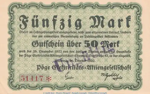 Banknote Pöge Elektr. AG Chemnitz , 50 Mark Schein in kfr.E , Müller 785.9 von 1922 , Sachsen Großnotgeld