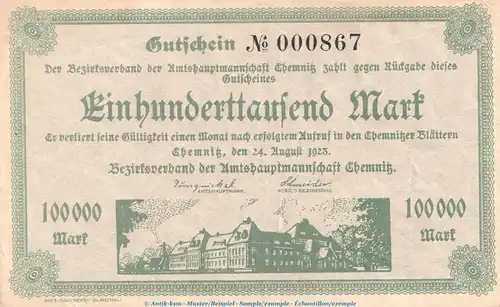 Notgeld Amtshauptmannschaft Chemnitz , 100.000 Mark Schein in gbr. Keller 741.a von 1923 , Sachsen Inflation
