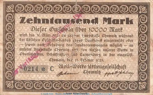Notgeld Moll Werke Chemnitz , 10.000 Mark Schein in gbr. Keller 808.a von 1923 , Sachsen Inflation