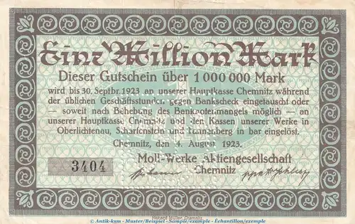 Notgeld Moll Werke Chemnitz , 1 Million Mark Schein in gbr. Keller 808.e-h von 1923 , Sachsen Inflation