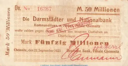 Notgeld Scheck Darmstädter - Deutsche Bank Chemnitz , 50 Millionen Mark in gbr. Keller 749.bb-ee von 1923 , Sachsen Inflation