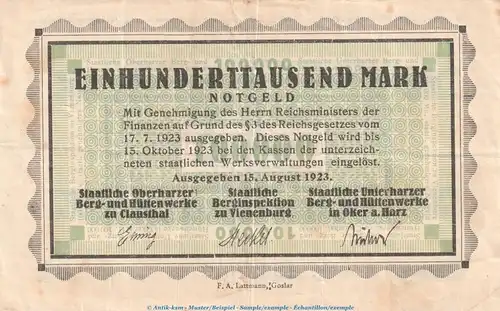 Notgeld Berg und Hüttenwerke Clausthal , 100.000 Mark --WZ falsch-- in gbr. Keller ??? von 1923 , Niedersachsen Inflation