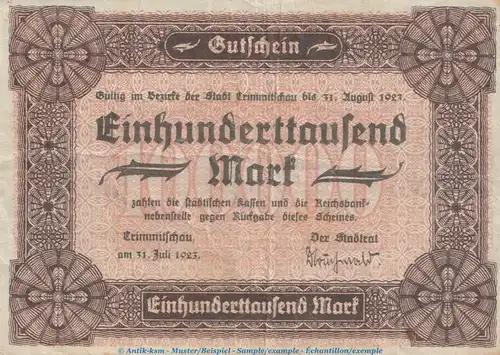 Notgeld Stadt Crimmitschau , 100.000 Mark Schein in gbr. Keller 931.a von 1923 , Sachsen Inflation