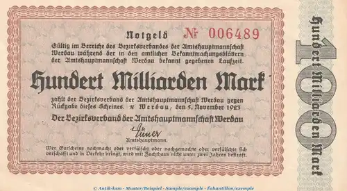 Notgeld Amtshauptmannschaft Werdau , 100 Milliarden Mark Schein in kfr. Keller 5550.c von 1923 , Sachsen Inflation