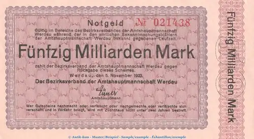 Notgeld Amtshauptmannschaft Werdau , 50 Milliarden Mark Schein in kfr. Keller 5550.b von 1923 , Sachsen Inflation