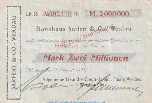 Notgeld Bankhaus Sarfert und Co. Werdau , 2 Millionen Mark Scheck in gbr. Keller 5546.b von 1923 , Sachsen Inflation
