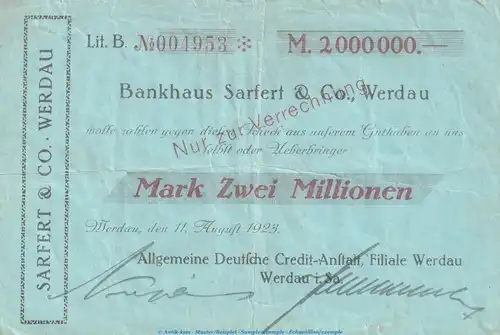 Notgeld Bankhaus Sarfert Werdau , 2 Millionen Mark Scheck -blau- gbr. Keller 5546.b von 1923 , Sachsen Inflation