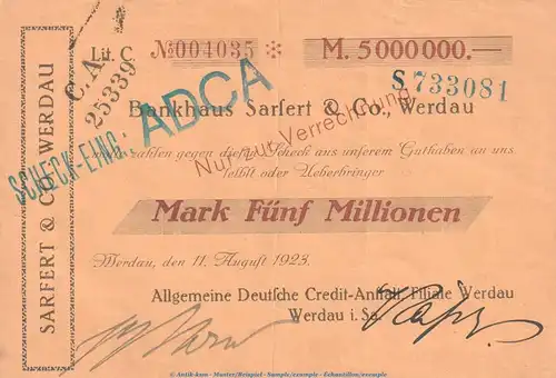 Notgeld Bankhaus Sarfert Werdau , 5 Mio.Mark Scheck gbr. Keller -nicht geführt- von 1923 , Sachsen Inflation