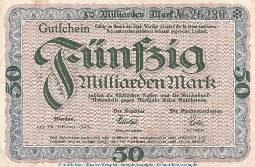 Notgeld Stadt Werdau , 50 Milliarden Mark Schein in gbr.E Keller 5545.c von 1923 , Sachsen Inflation
