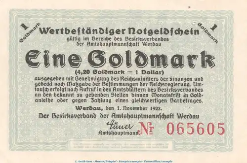 Notgeld Bezirksverband d. Amtsh. Werdau , 1 Goldmark in kfr. Müller 5065.2 von 1923 , Sachsen wertbeständiges Notgeld