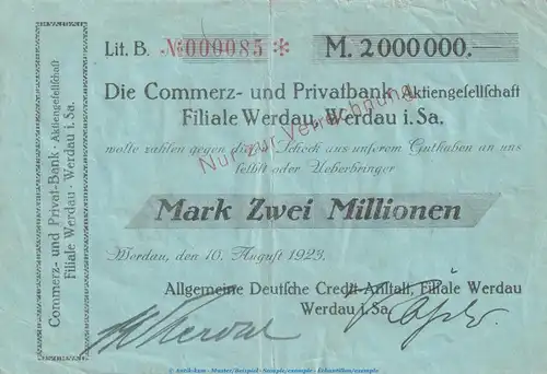 Notgeld Commerz u. Privatbank Werdau , 2 Millionen Mark Scheck gbr. Keller 5547.a von 1923 , Sachsen Inflation