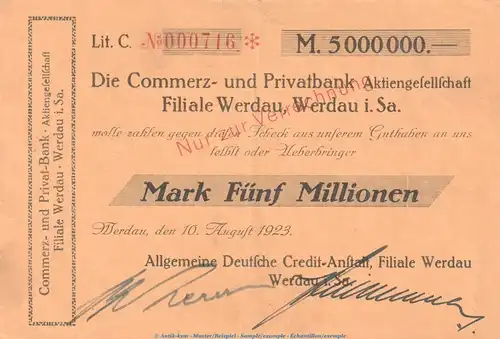 Notgeld Commerz u. Privatbank Werdau , 5 Millionen Mark Scheck gbr. Keller 5547.a von 1923 , Sachsen Inflation
