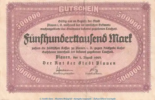 Notgeld Rat der Stadt Plauen , 500.000 Mark Schein in gbr. Keller 4330.b von 1923 , Sachsen Inflation