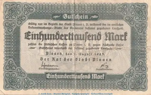 Notgeld Rat der Stadt Plauen , 100.000 Mark Schein in gbr. Keller 4330.c von 1923 , Sachsen Inflation