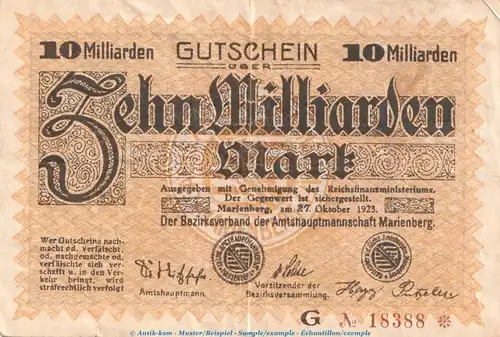 Notgeld Amtshauptmannschaft Marienberg , 10 Milliarden Mark Schein in gbr. Keller 3443.f von 1923 , Sachsen Inflation
