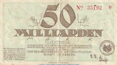 Notgeld Amtshauptmannschaft Annaberg , 50 Milliarden Mark Schein in gbr. Keller 110.d von 1923 , Sachsen Inflation
