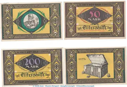 Notgeld , Quittung der Altershilfe Annaberg , Set mit 4 Scheinen in kfr. von 1923 , Sachsen Großnotgeld