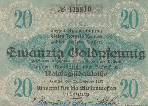 Notgeld Mustermessen Leipzig , 20 Gold Pfennig Schein in gbr. Müller 3010.3 von 1923 , Sachsen wertbeständiges Notgeld