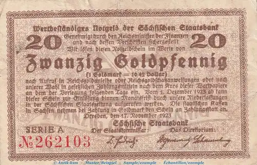 Notgeld Sächsische Staatsbank Dresden , 20 Gold Pfennig Schein in gbr. Müller 1460.4 von 1923 , Sachsen wertbeständiges Notgeld