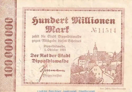 Notgeld Stadt Dippoldiswalde , 100 Millionen Mark Schein in L-gbr. Keller 1025.d von 1923 , Sachsen Inflation