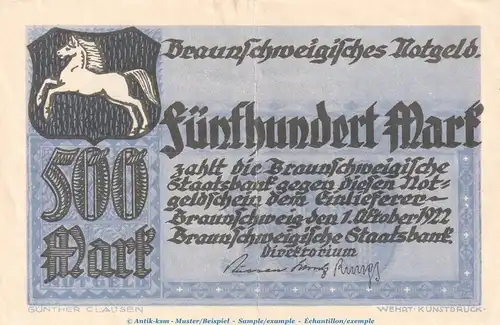Notgeld Stadt Braunschweig , 500 Mark Schein in gbr. Müller 495.1 von 1922 , Niedersachsen Inflation
