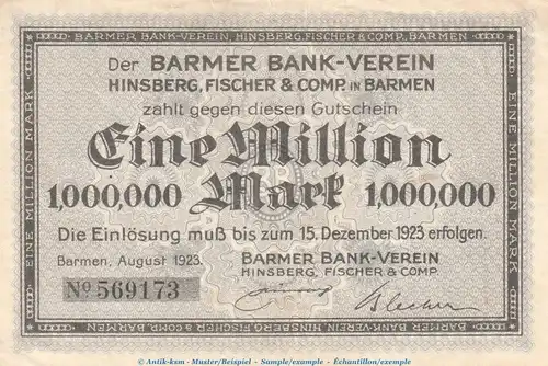 Notgeld Hinsberg, Fischer Barmen , 1 Million Mark Schein in kfr. Keller 237.c-d von 1923 , Rheinland Inflation