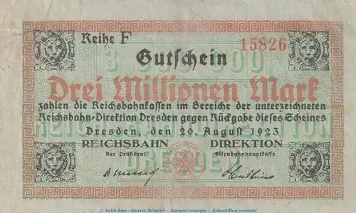 Dresden , Banknote 3 Millionen Mark Schein in gbr. Keller 1104.f , Sachsen 1923 Inflation