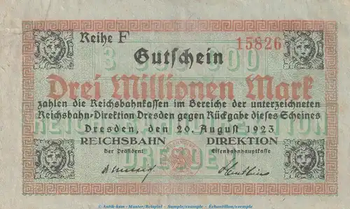 Notgeld Reichsbahn Dresden , 3 Millionen Mark Schein in gbr. Keller 1104.e von 1923 , Sachsen Inflation