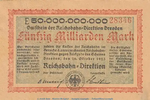 Notgeld Reichsbahn Dresden , 50 Milliarden Mark Schein in f-kfr. Keller 1104.i von 1923 , Sachsen Inflation