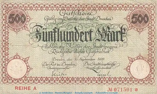 Dresden , Notgeld 500 Mark Schein in gbr. Bühn 1130.9 , Sachsen 1922 Grossnotgeld