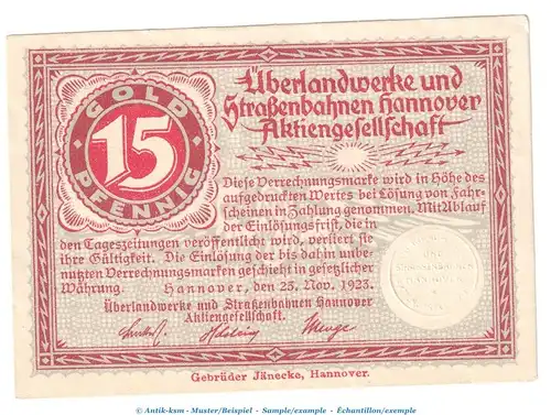 Notgeld Überlandwerke Hannover , 15 Goldpfennig Schein in kfr. Müller 2420.02 von 1923 , Niedersachsen wertbeständiges Notgeld