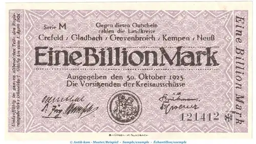 Notgeld Landkreise Crefeld u.w. 1 Billion Mark Schein in kfr. Keller 914.a von 1923 , Rheinland Inflation