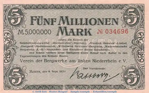 Banknote V.d. Bergwerke Moers , 5 Millionen Mark Schein in kfr. Keller 3592.d , 08.09.1923 , Rheinland Großnotgeld Inflation