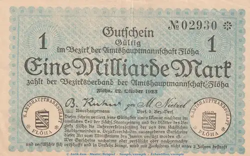 Notgeld Amtshauptmannschaft Flöha , 1 Milliarde Mark Schein in gbr. Keller 1499. von 1923 , Sachsen Inflation