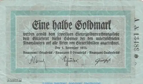 Notgeld Osnabrück und Quakenbrück , 1 halbe Gold Mark Schein in gbr. Müller 3775.1 von 1923 , Niedersachsen wertbeständiges Notgeld