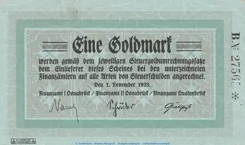 Notgeld Osnabrück und Quakenbrück , 1 Gold Mark Schein in gbr. Müller 3775.2 von 1923 , Niedersachsen wertbeständiges Notgeld