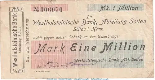 Notgeld Westholsteinische Bank - Soltau , 1 Million Mark Schein in gbr. Keller 4817 von 1923 , Niedersachsen Inflation