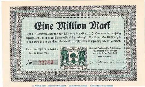 Notgeld Molkereiverband Leer , 1 Million Mark Schein in kfr. Keller 2981.a von 1923 , Niedersachsen Inflation