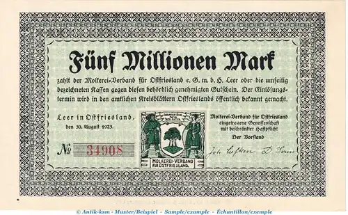 Notgeld Molkereiverband Leer , 5 Millionen Mark Schein in kfr. Keller 2981.a von 1923 , Niedersachsen Inflation