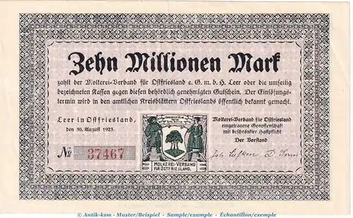 Notgeld Molkereiverband Leer , 10 Millionen Mark Schein in kfr. Keller 2981.a von 1923 , Niedersachsen Inflation