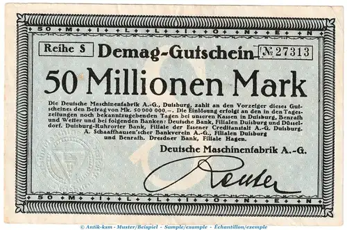 Notgeld Maschinenfabrik Duisburg , 50 Millionen Mark Schein in gbr. Keller 1184.g von 1923 , Rheinland Inflation