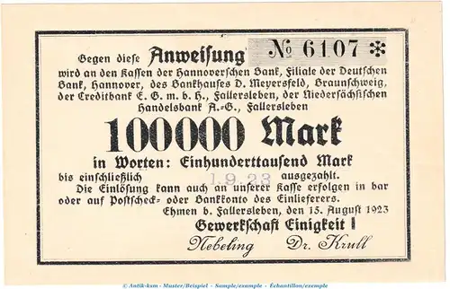 Notgeld Gewerkschaft Ehmen , 100.000 Mark Schein in kfr. Keller 1243.g-k von 1923 , Niedersachsen Inflation